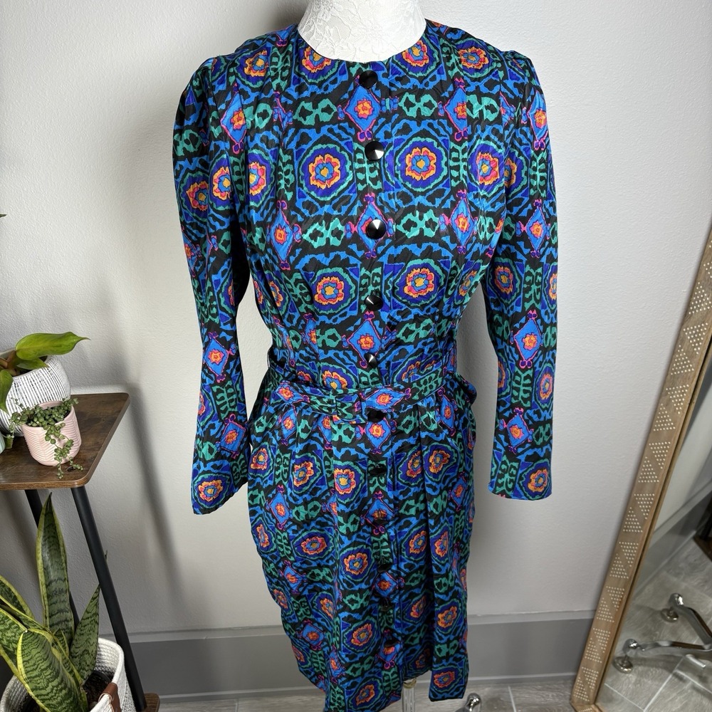 Vintage Papell Petites Womens 8 Blue Dress Retro Maximalist Polyester Satin